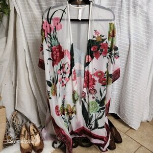 White Floral Burnout Velvet Kimono Wrap‎ Sheer Oversized Cardigan One Size